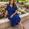 Premium Blue Button-Front Midi Dress