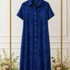 Premium Blue Button-Front Midi Dress