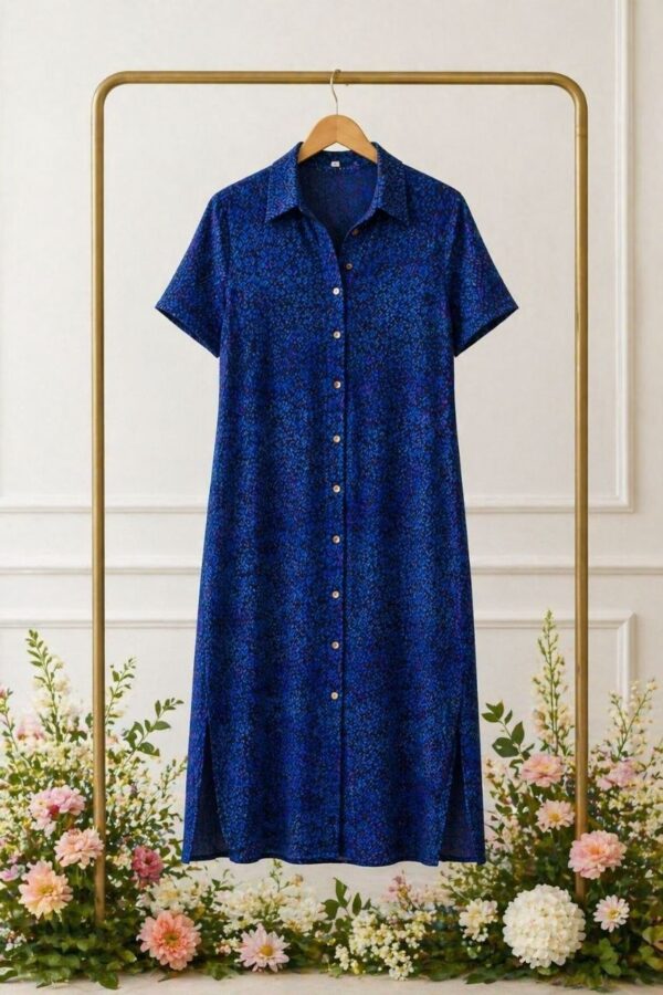 Premium Blue Button-Front Midi Dress