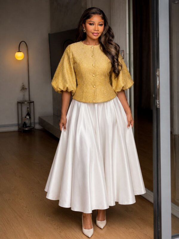 Women's Puff Sleeve Blouse with Pleated Skirt Set