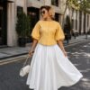 Women's Puff Sleeve Blouse with Pleated Skirt Set
