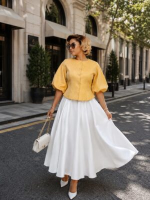 Women's Puff Sleeve Blouse with Pleated Skirt Set