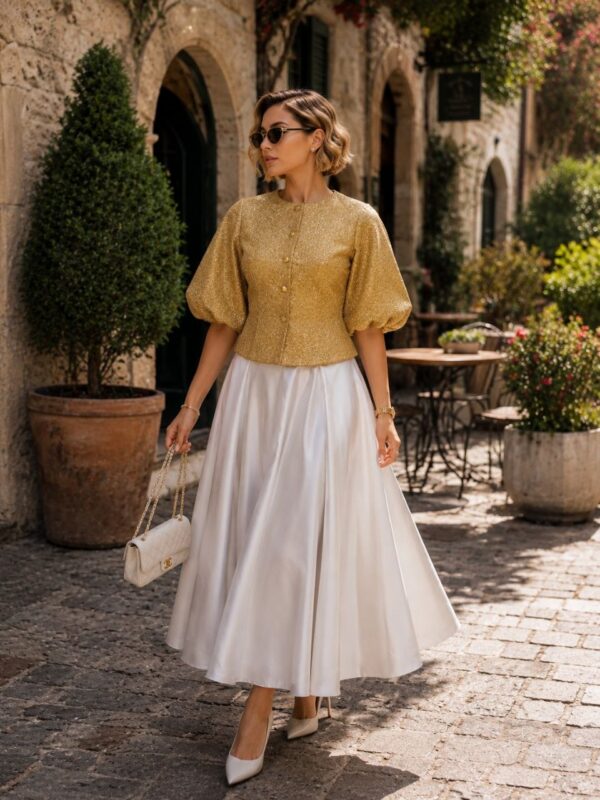 Women's Puff Sleeve Blouse with Pleated Skirt Set