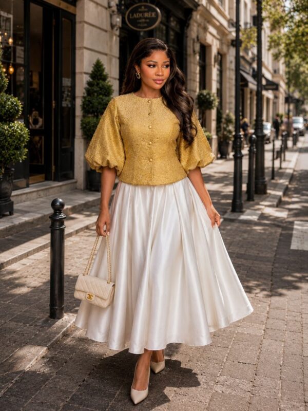Women's Puff Sleeve Blouse with Pleated Skirt Set