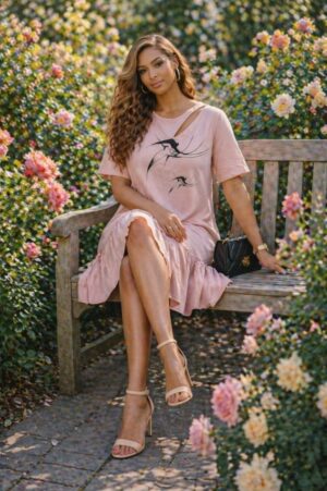 Premium Powder Pink T-Shirt Dress with Bird Print