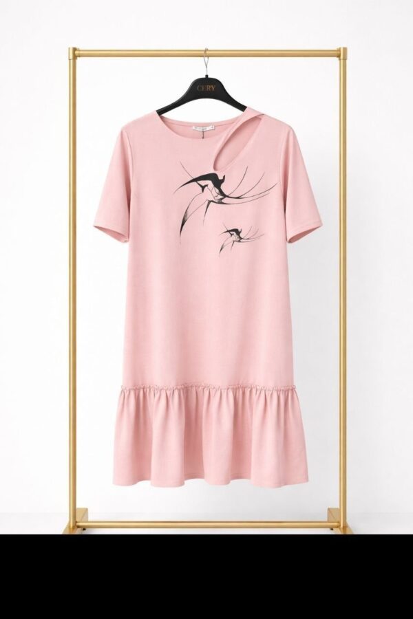 Premium Powder Pink T-Shirt Dress with Bird Print