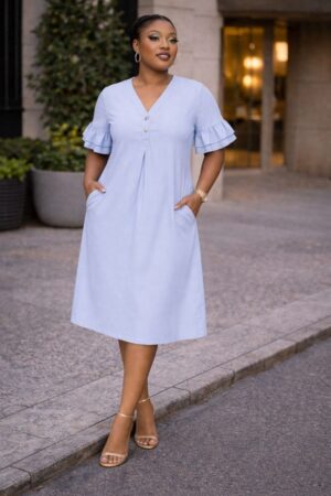 Light Blue V-Neck Casual Dress