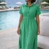 Short Sleeve Button-Front Midi Dress