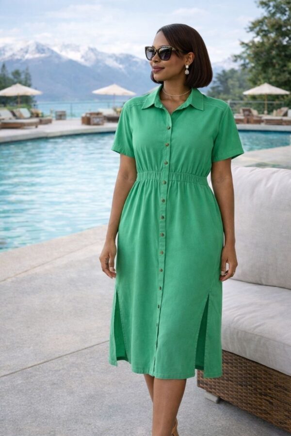 Short Sleeve Button-Front Midi Dress