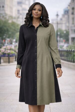 Premium Color-Block Button Dress