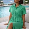 Short Sleeve Button-Front Midi Dress