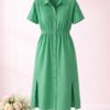 Short Sleeve Button-Front Midi Dress