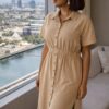Short Sleeve Button-Front Midi Dress