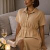 Short Sleeve Button-Front Midi Dress