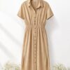 Short Sleeve Button-Front Midi Dress