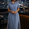 Short Sleeve Button-Front Midi Dress