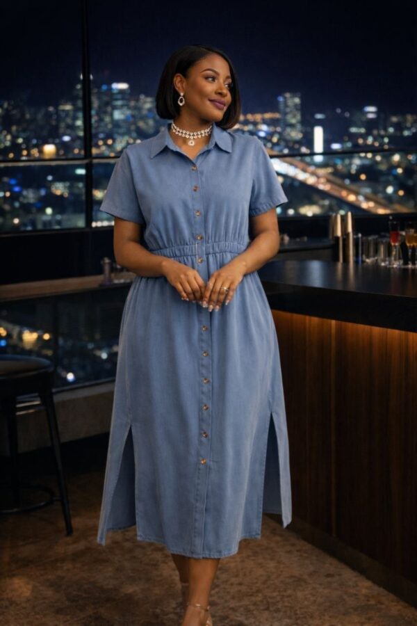 Short Sleeve Button-Front Midi Dress