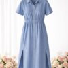 Short Sleeve Button-Front Midi Dress