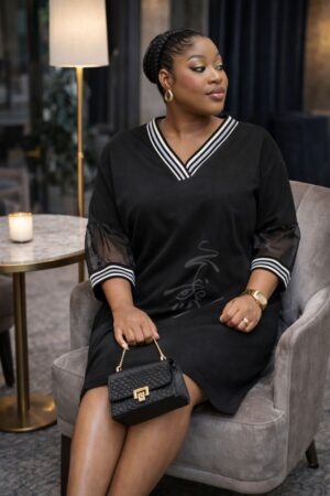 Premium Black V-Neck Dress with Striped Trim