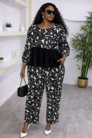 Women's Geometric Print Dress with Black Pleated Waist