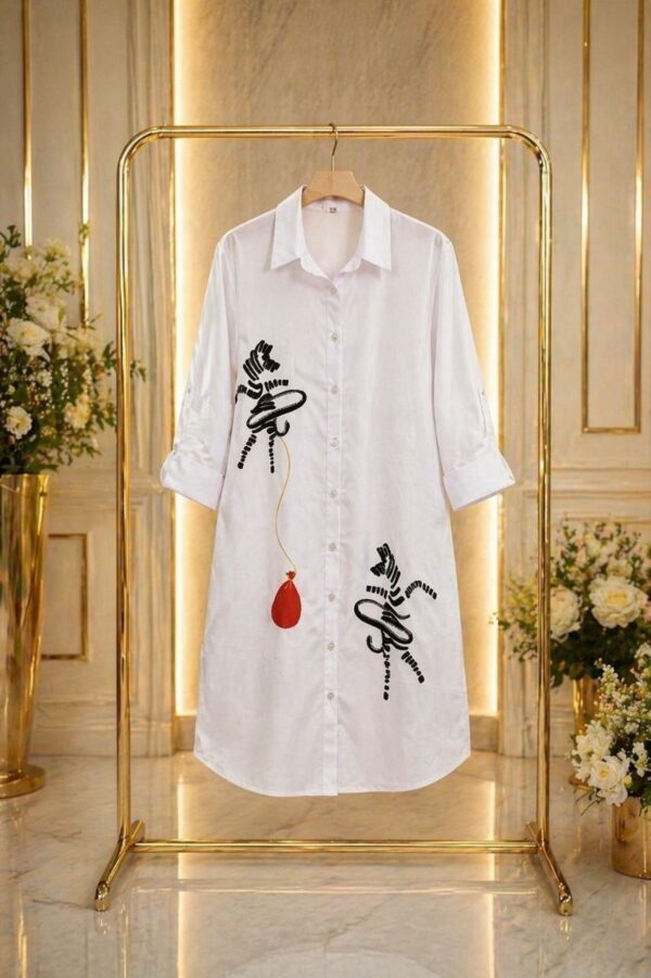 White Artistic Button-Up Dress