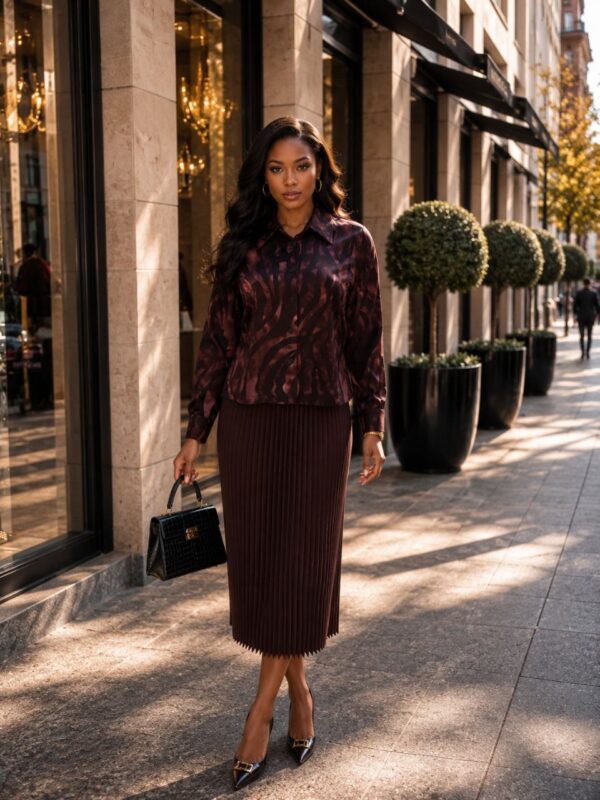 Premium Pleated Midi Dress in Black Brown