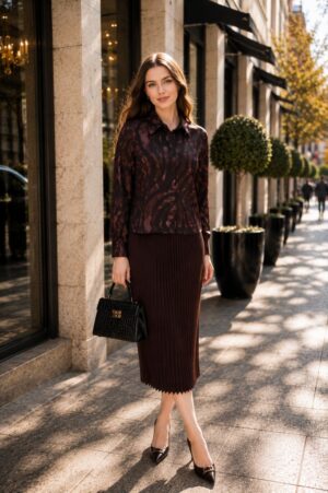Premium Pleated Midi Dress in Black Brown