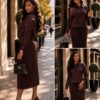 Premium Pleated Midi Dress in Black Brown
