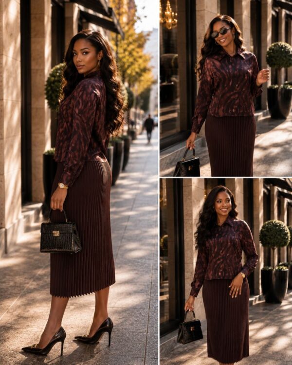 Premium Pleated Midi Dress in Black Brown