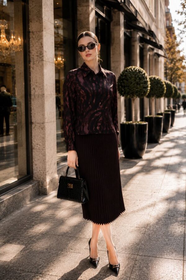 Premium Pleated Midi Dress in Black Brown