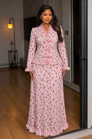 Pink Floral Long Dress with Ruffles