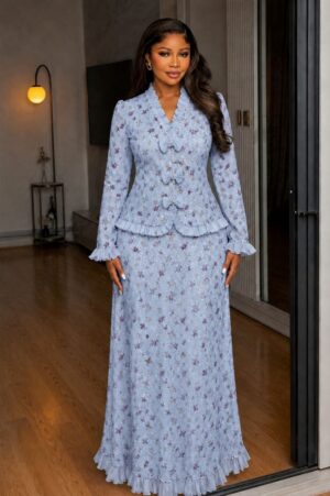 Blue Floral Jacquard Two-Piece Dress Set