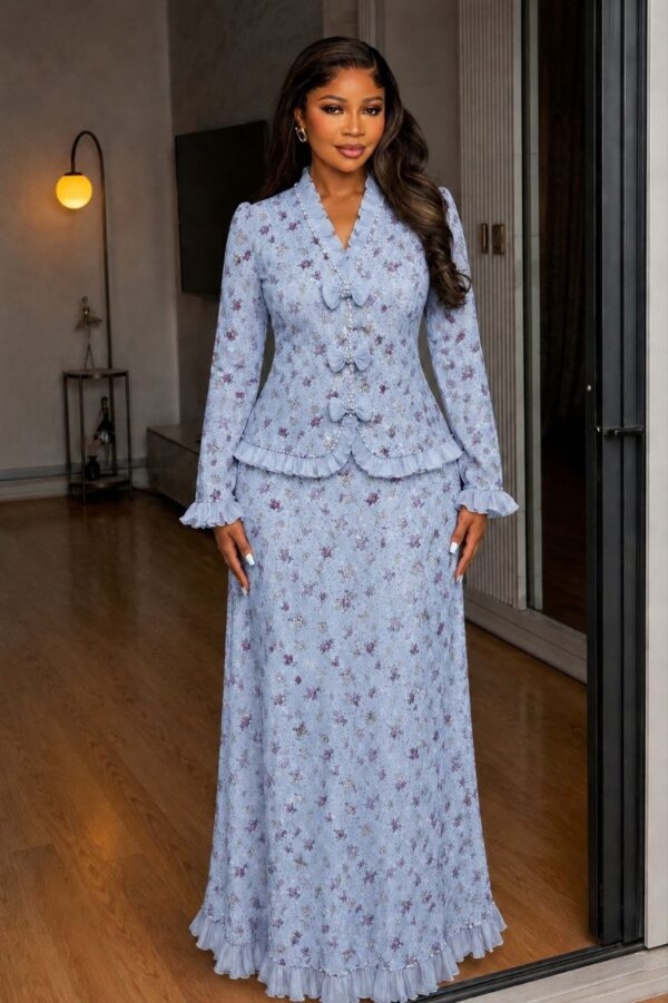 Blue Floral Jacquard Two-Piece Dress Set