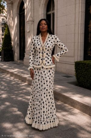 Elegant Black & White Polka Dot Dress Suit