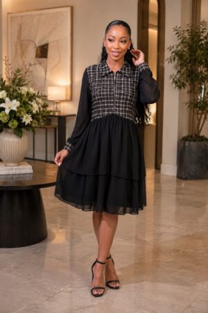 Black Plaid Shirt Dress with Layered Skirt - Wholesale