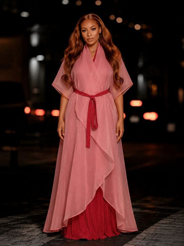 Premium Red Pleated Dress with Chiffon Overlay