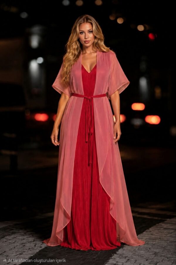 Premium Red Pleated Dress with Chiffon Overlay