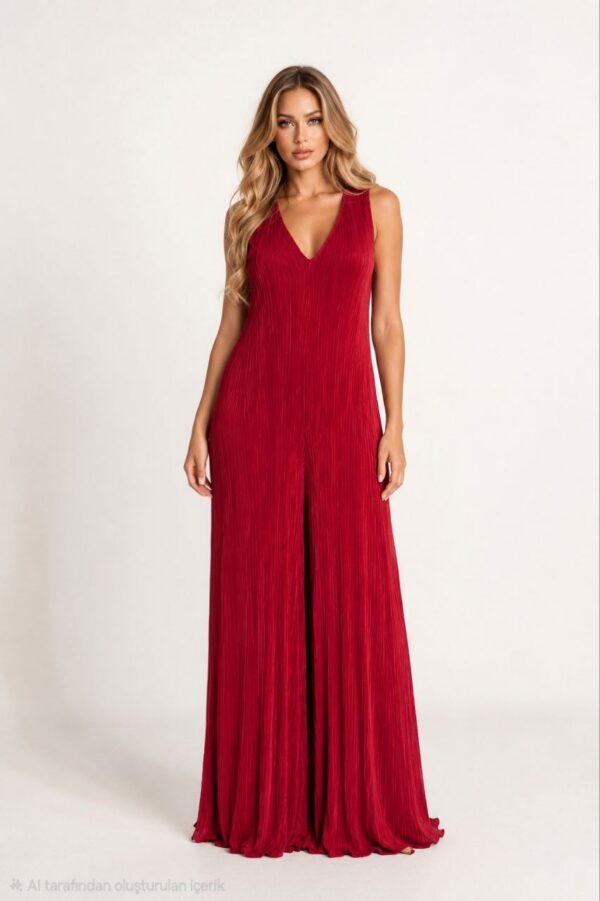 Premium Red Pleated Dress with Chiffon Overlay
