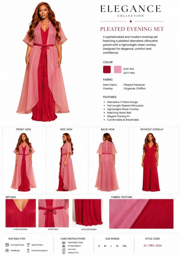 Premium Red Pleated Dress with Chiffon Overlay