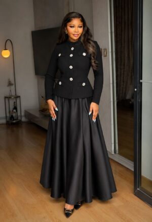 Premium Black Blazer Dress with Pearl Button Details