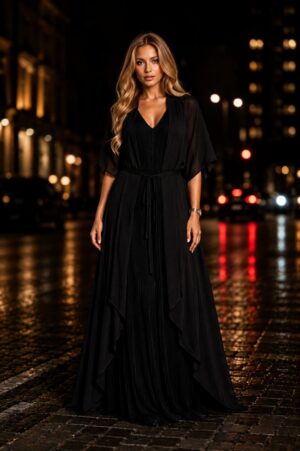 Premium Black Pleated Wrap Dress