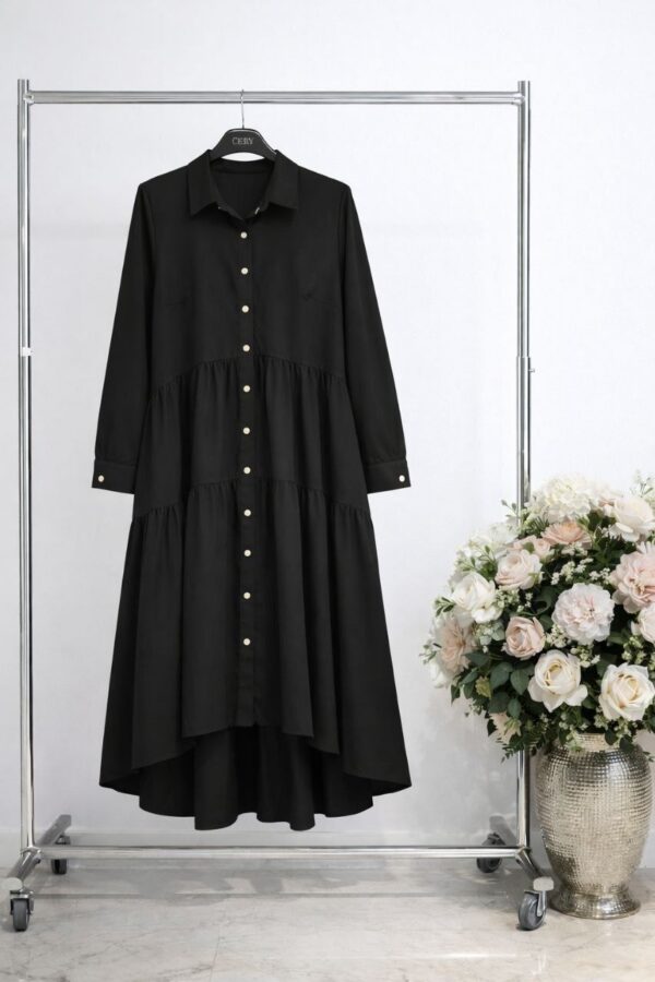 Black Button-Front Tiered Shirt Dress