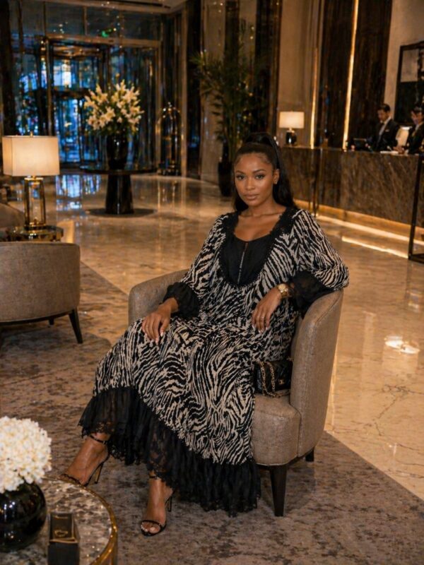 Premium Zebra Print Midi Dress with Lace Trim