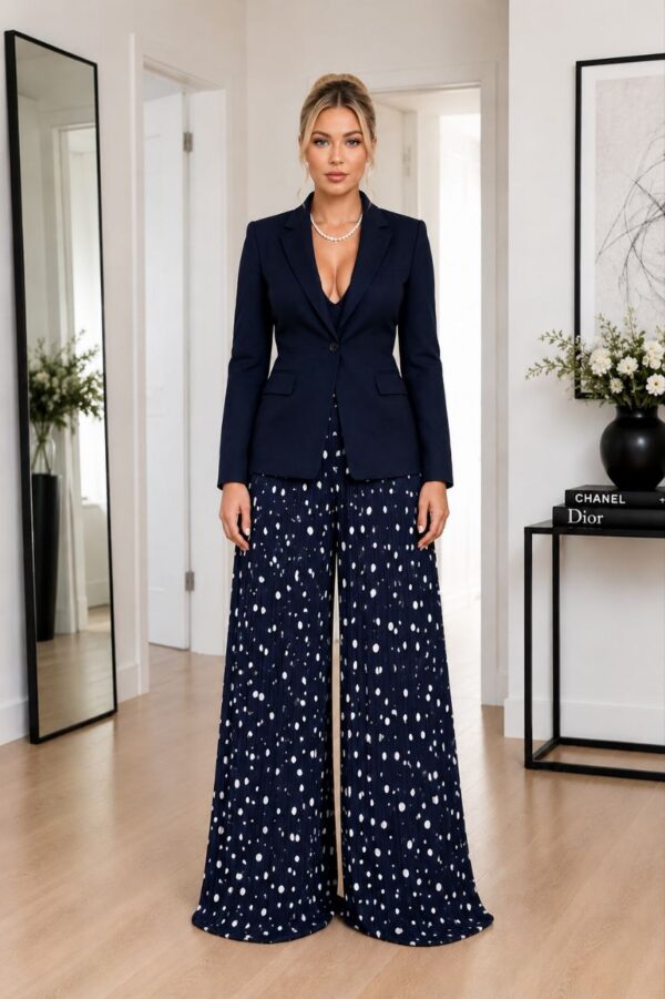 Navy Tailored Blazer & Polka Dot Palazzo Pants Set