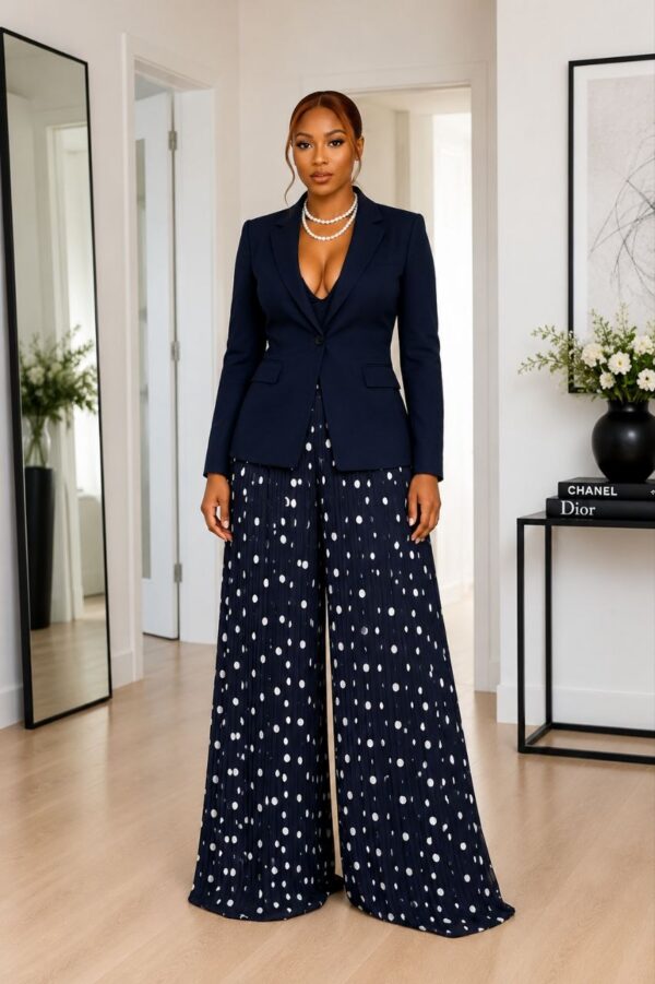 Navy Tailored Blazer & Polka Dot Palazzo Pants Set