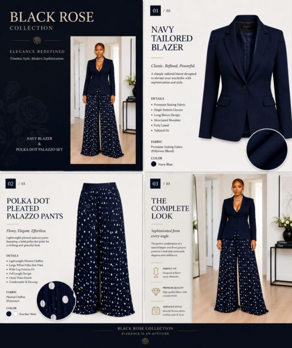 Navy Tailored Blazer & Polka Dot Palazzo Pants Set