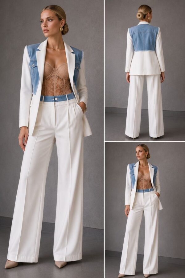 Premium White Denim Blazer Suit Set