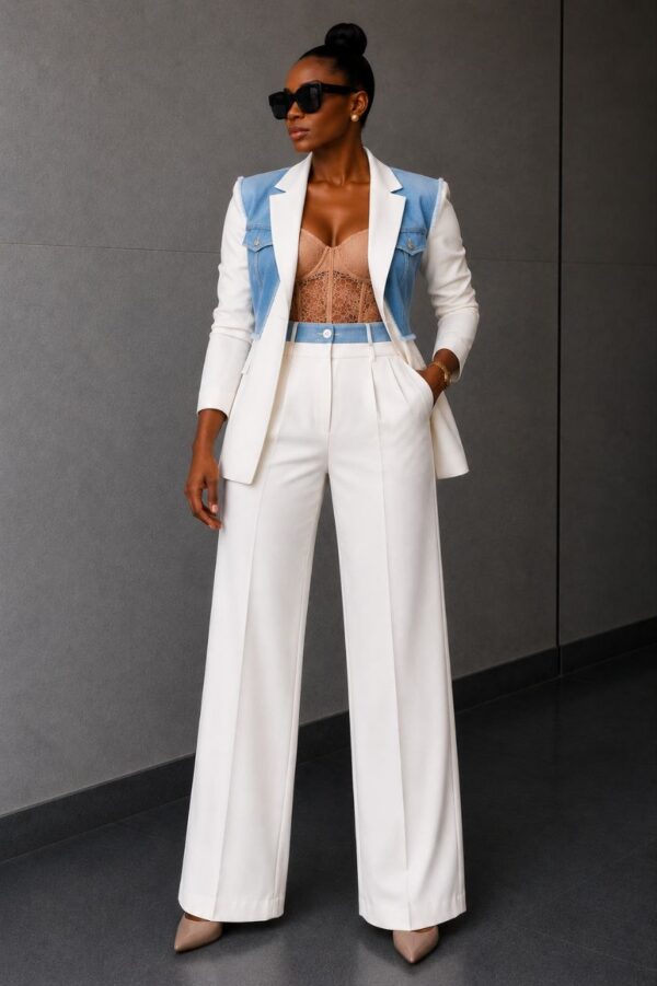 Premium White Denim Blazer Suit Set