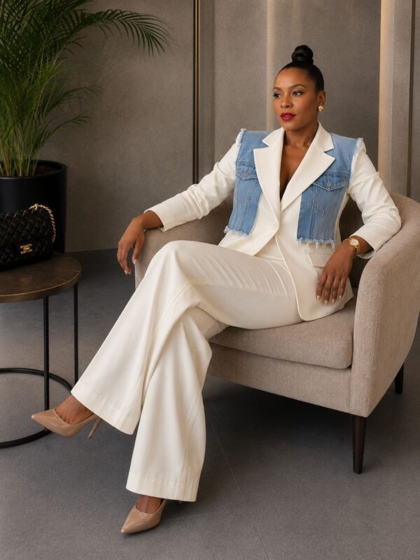 Premium White Denim Blazer Suit Set