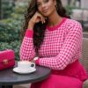 Women's Houndstooth Knit Sweater Dress - Premium Wool Blend